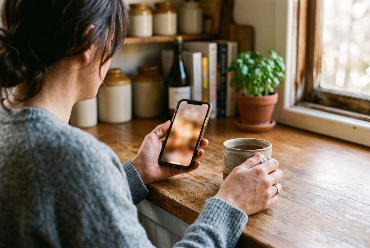 Checking a free NZ credit report on a smartphone with a cup of tea in hand