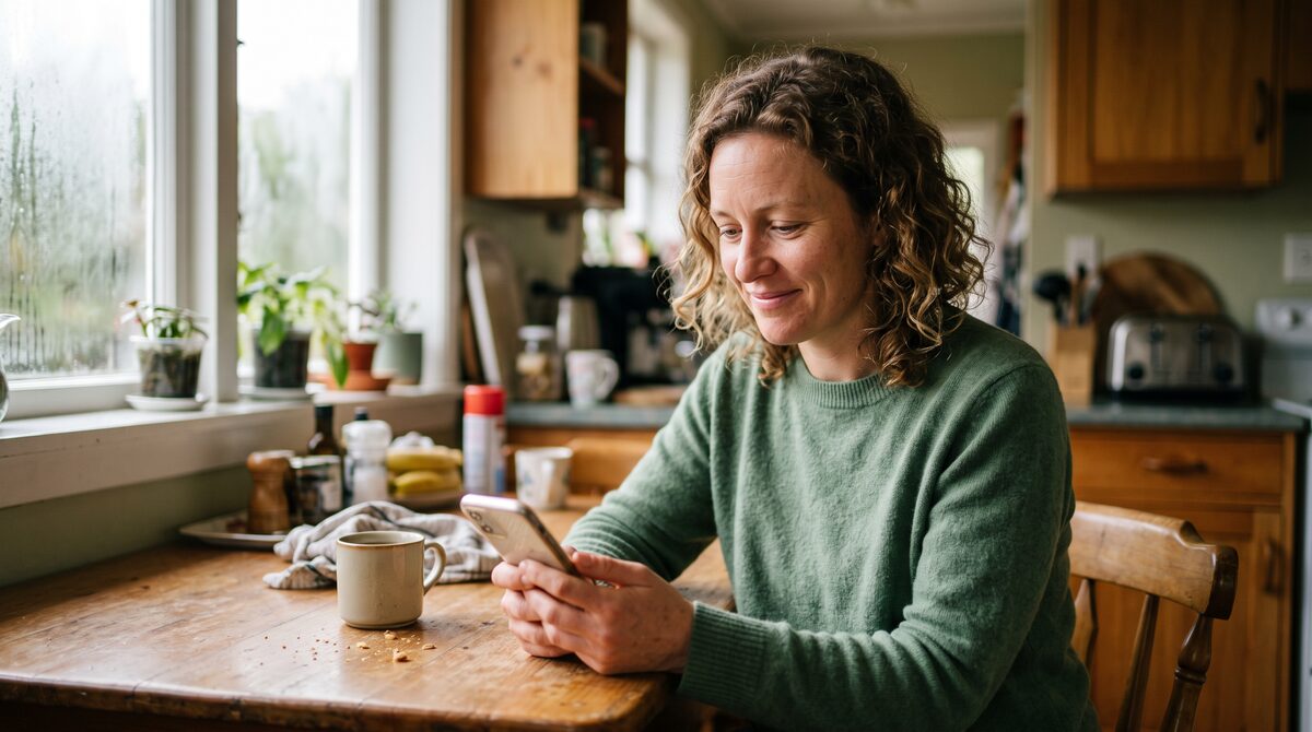 Woman checking her credit score on her phone at the kitchen table at home in NZ