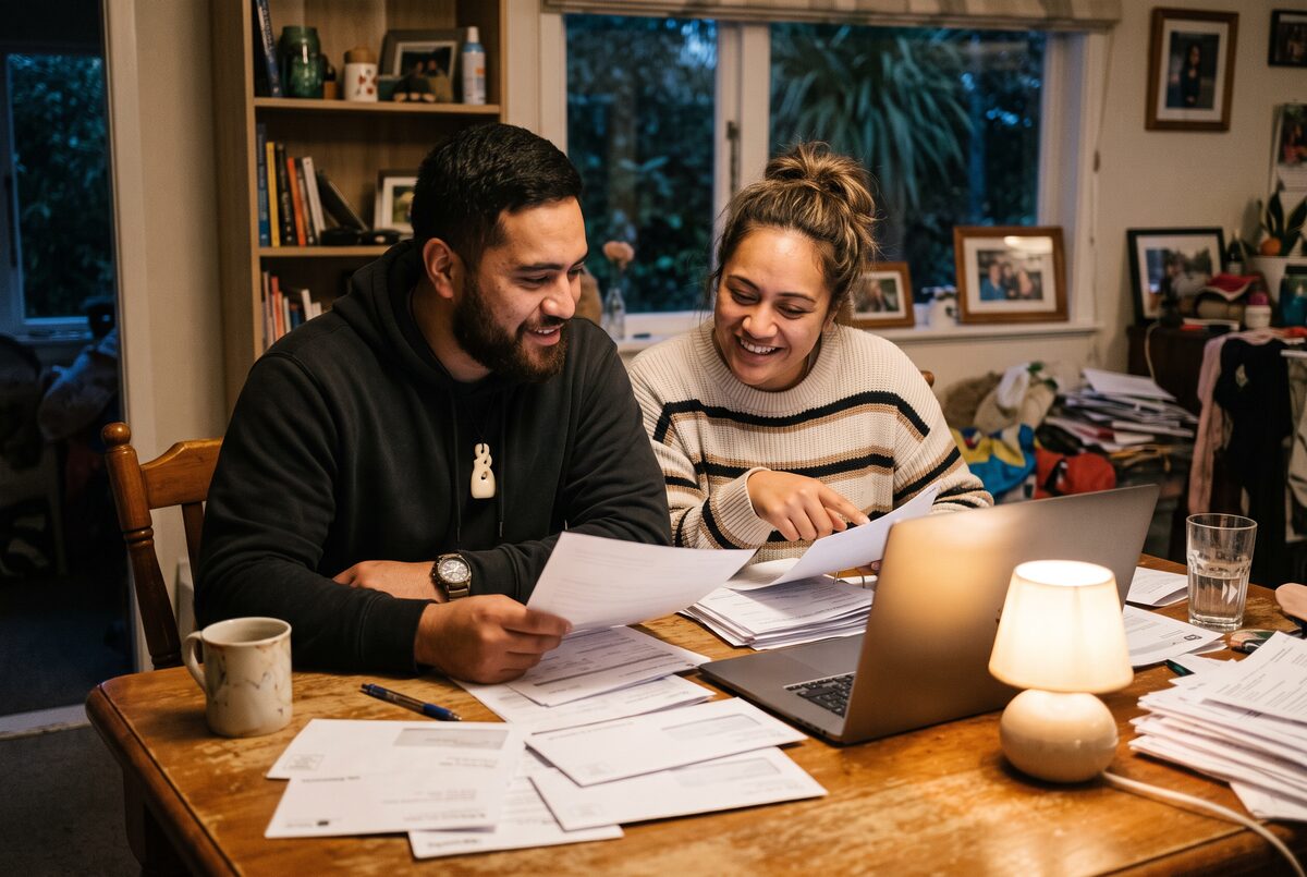 Couple working through their household bills together to improve their credit score in NZ