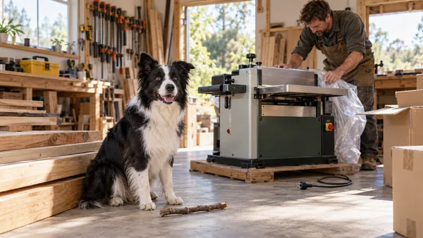 Border collie beside workshop timber and newly delivered woodworking equipment.
