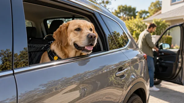 Labrador in a car safety harness looking through a parked car's rear window.