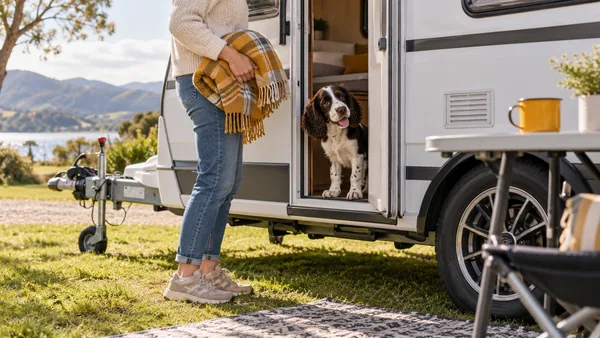 Springer spaniel puppy peeking from a caravan doorway at a campsite.