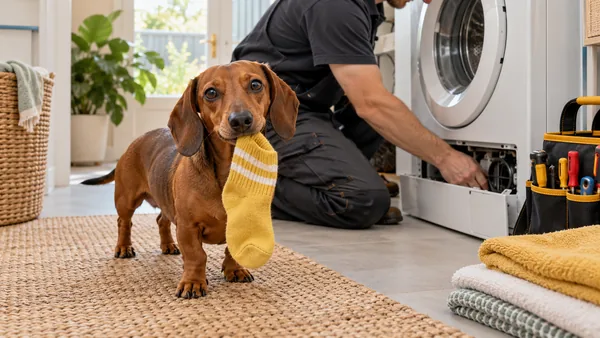 Dachshund carrying a sock beside a washing machine awaiting repair.