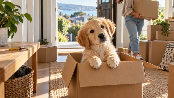 Golden retriever puppy peeking from a moving box in a new home.
