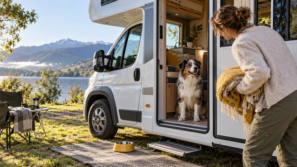 Australian shepherd waiting in a motorhome doorway at a lakeside campsite.