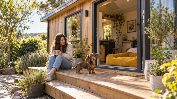 Dachshund puppy on the deck of a compact timber tiny home.